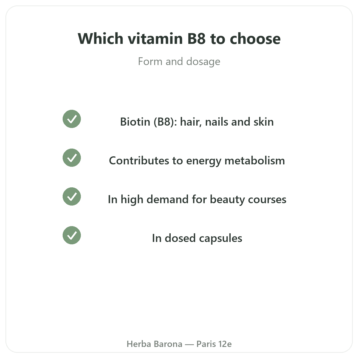 Vitamine B8 Paris Paris - engagements qualite chez Herba Barona Paris 12e