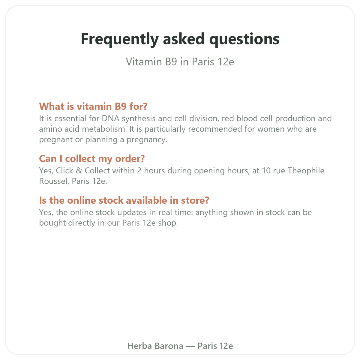 Frequently asked questions about Vitamin B9 in Paris - Herba Barona Paris 12th