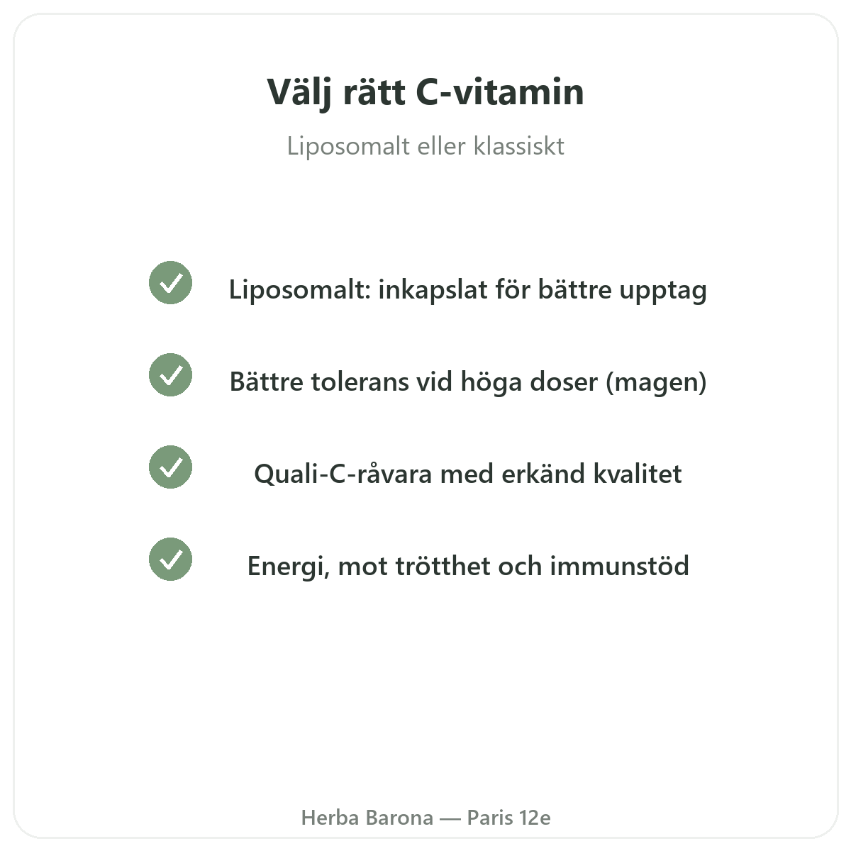 Liposomalt C-vitamin Paris – kvalitetslöften hos Herba Barona Paris 12e