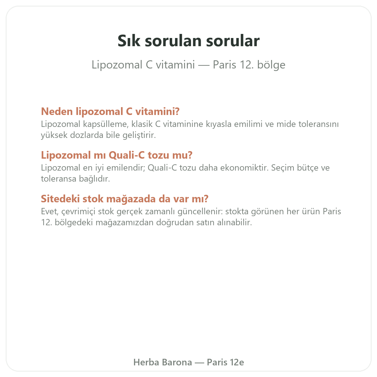 Paris’te Lipozomal C Vitamini sıkça sorulan sorular - Herba Barona Paris 12. bölge