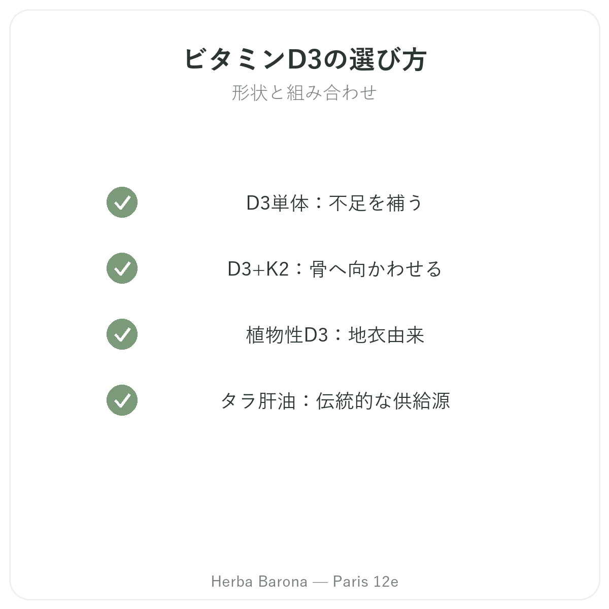ビタミンD3 K2 パリ - Herba Barona パリ12区の品質へのこだわり