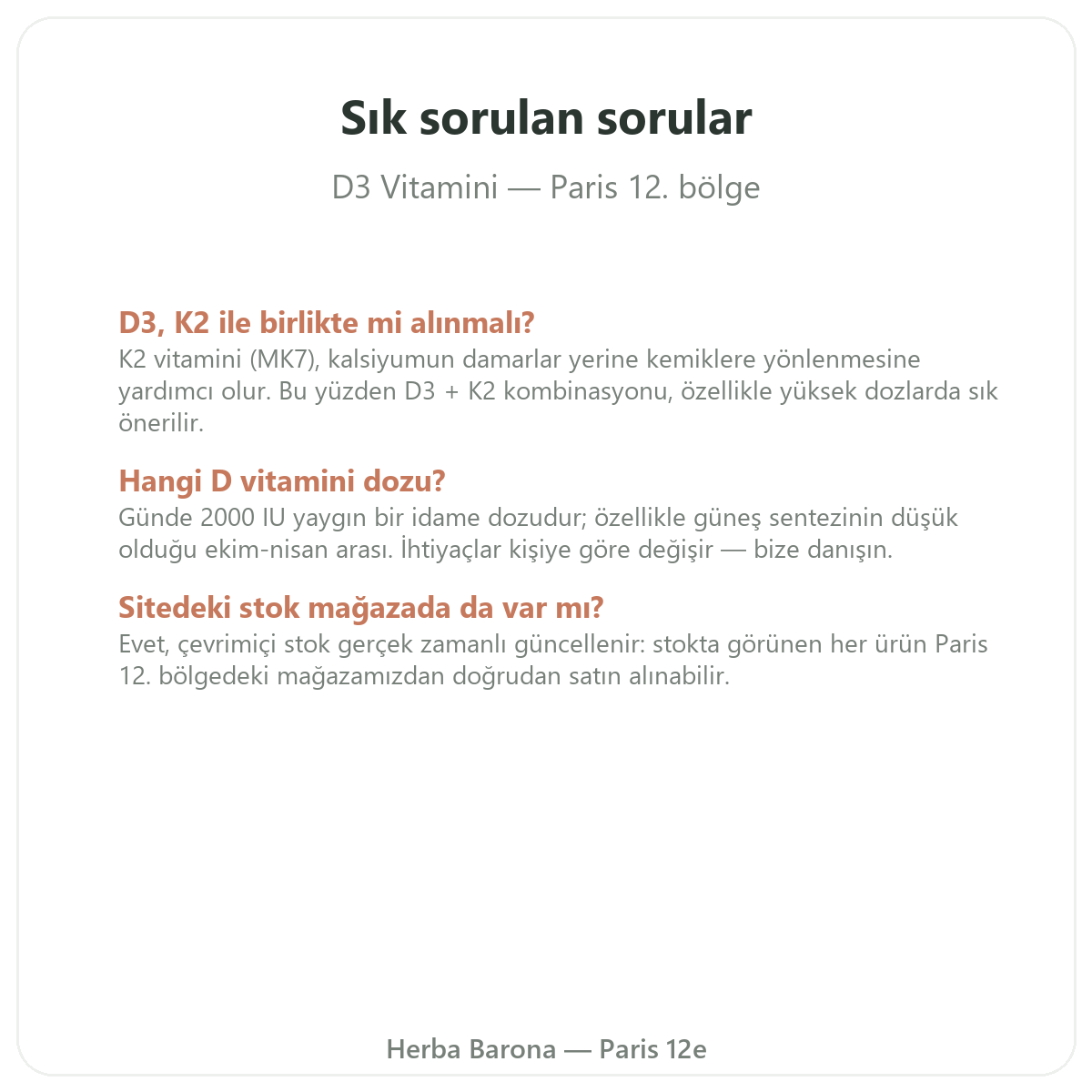 Paris’te D3 K2 Vitamini sıkça sorulan sorular - Herba Barona Paris 12. bölge