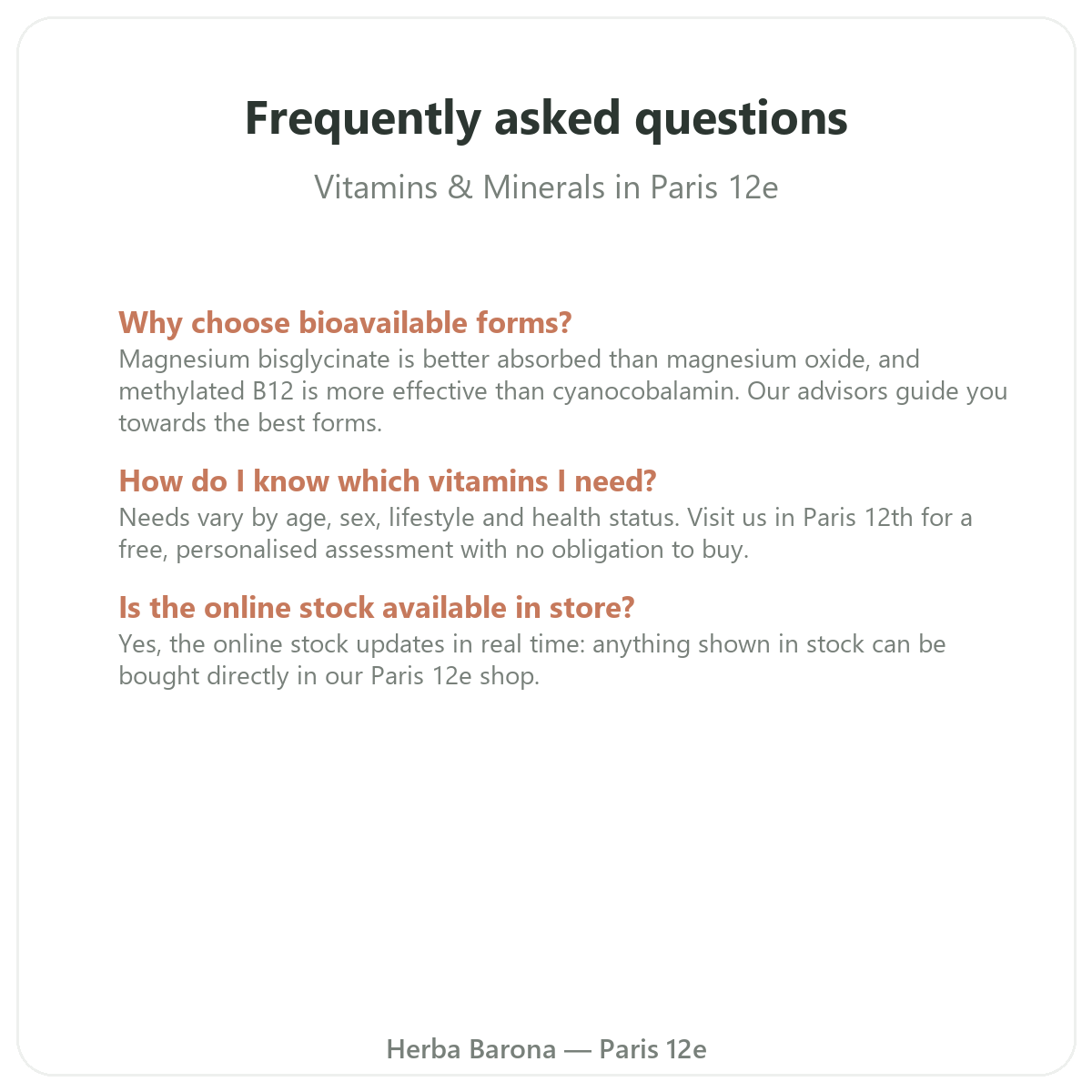 Frequently asked questions about vitamins and minerals in Paris - Herba Barona Paris 12th