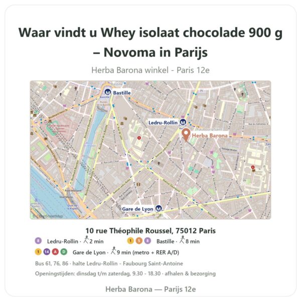 Waar vindt u Whey isolaat chocolade 900 g – Novoma in Parijs - winkelplattegrond Herba Barona Paris 12e