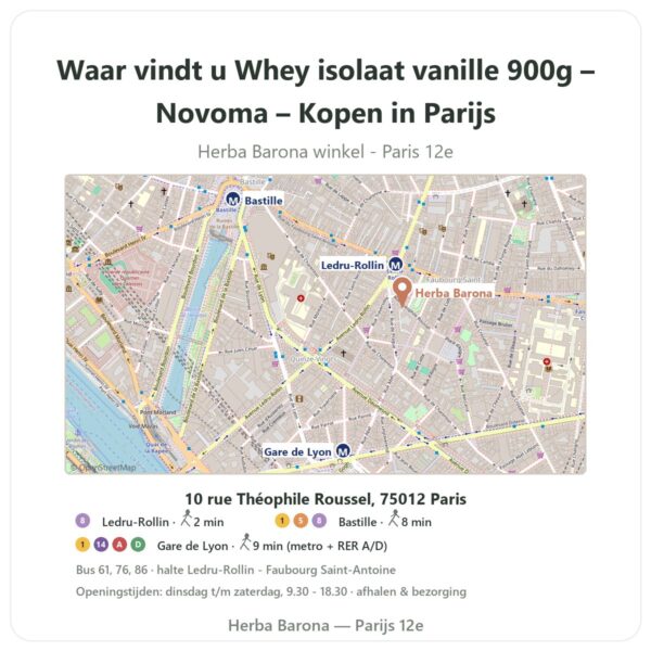 Waar vindt u Whey isolaat vanille 900g – Novoma – Kopen in Parijs - winkelplattegrond Herba Barona Paris 12e