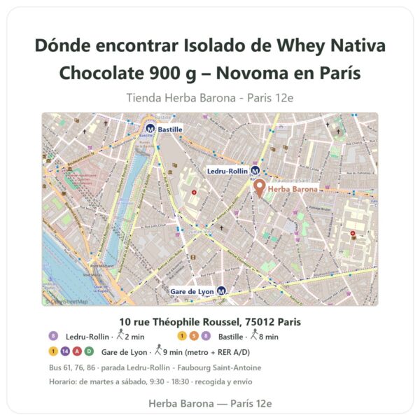Dónde encontrar Isolado de Whey Nativa Chocolate 900 g – Novoma en París - plano de la tienda Herba Barona Paris 12e
