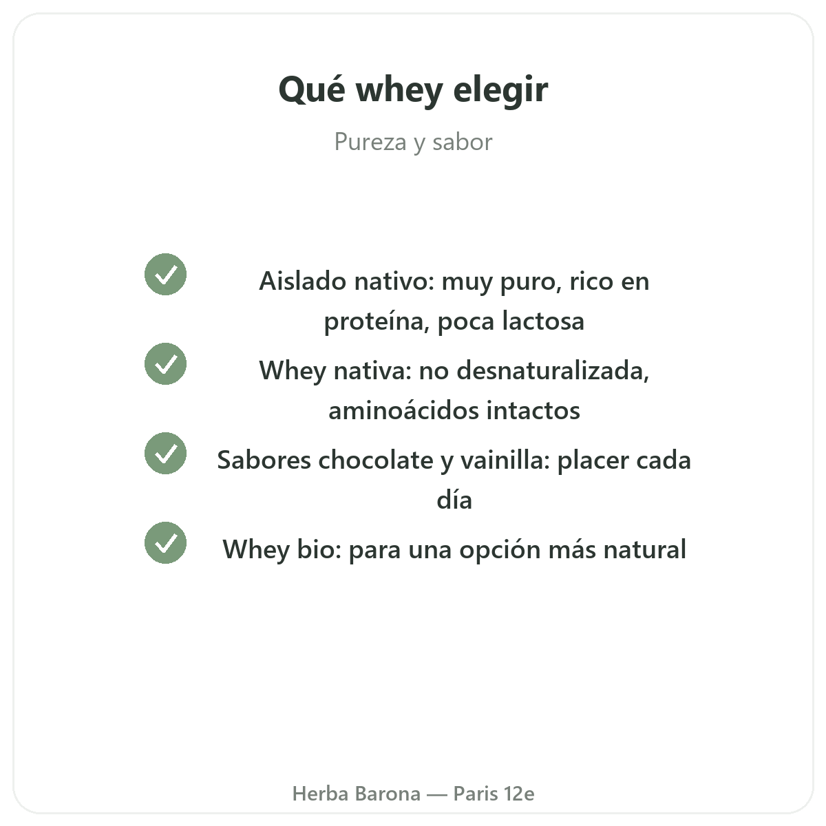 Proteína whey aislada en París - compromisos de calidad en Herba Barona París 12e