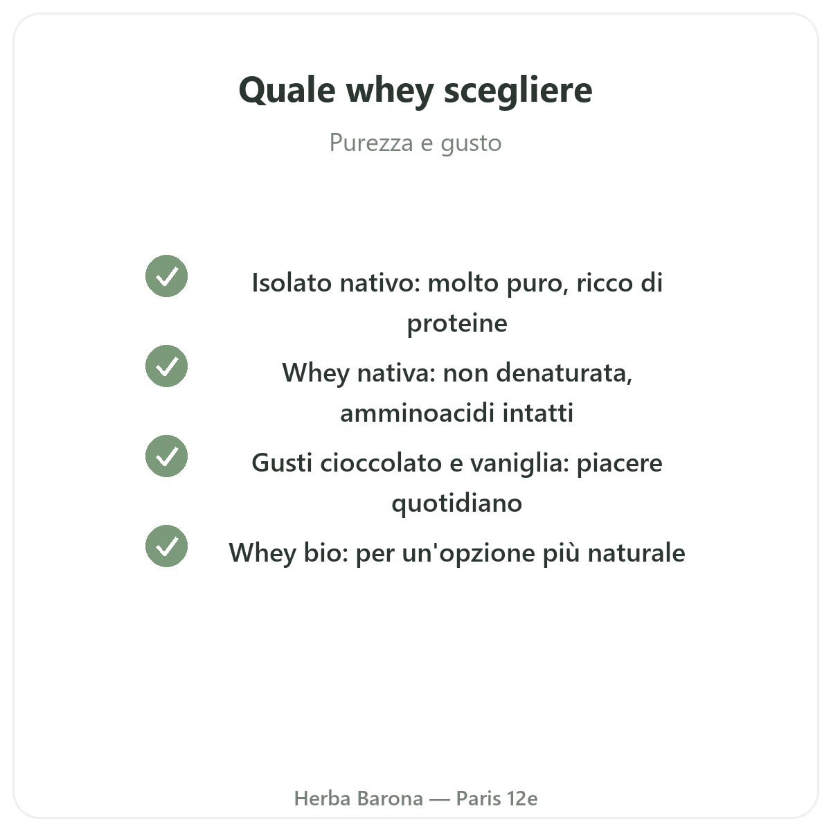 Proteine whey isolate Parigi - impegni di qualità da Herba Barona Parigi 12e
