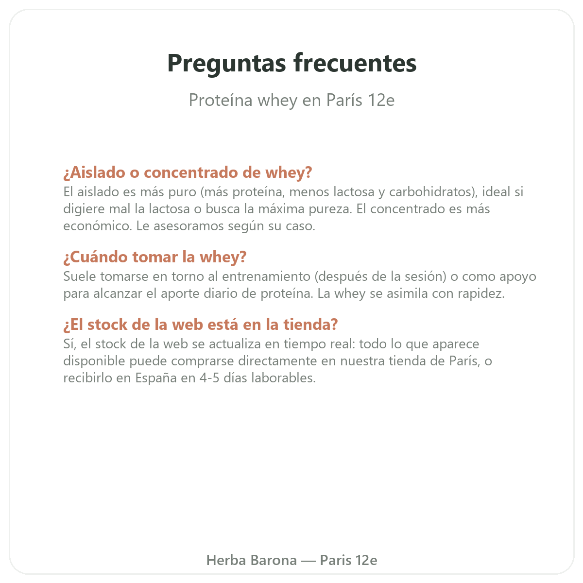 Preguntas frecuentes proteína whey aislada en París - Herba Barona París 12e