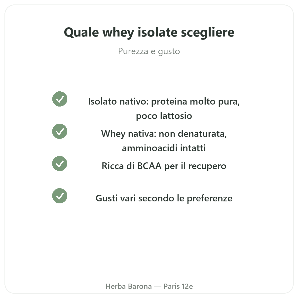 Isolato di whey nativa Parigi - impegni di qualità da Herba Barona Parigi 12e