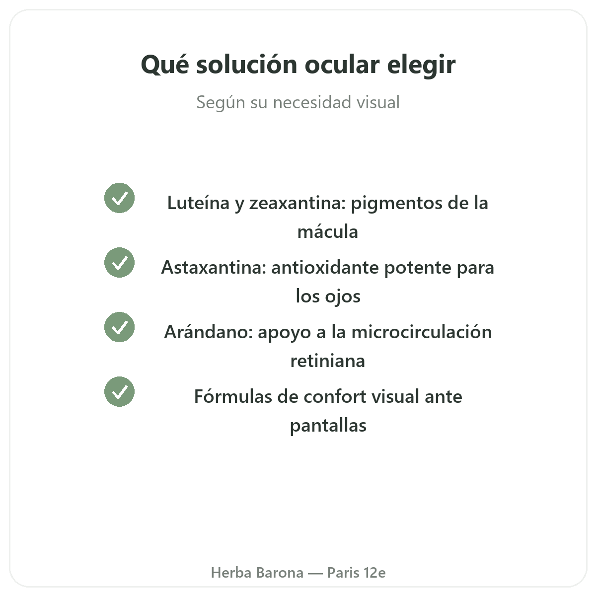 Ojos y confort visual en París - compromisos de calidad en Herba Barona París 12e