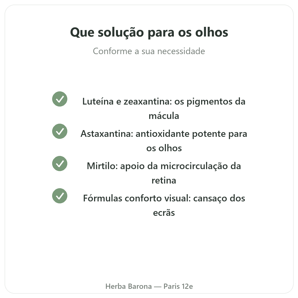 Olhos, conforto visual em Paris - compromissos de qualidade na Herba Barona Paris 12e