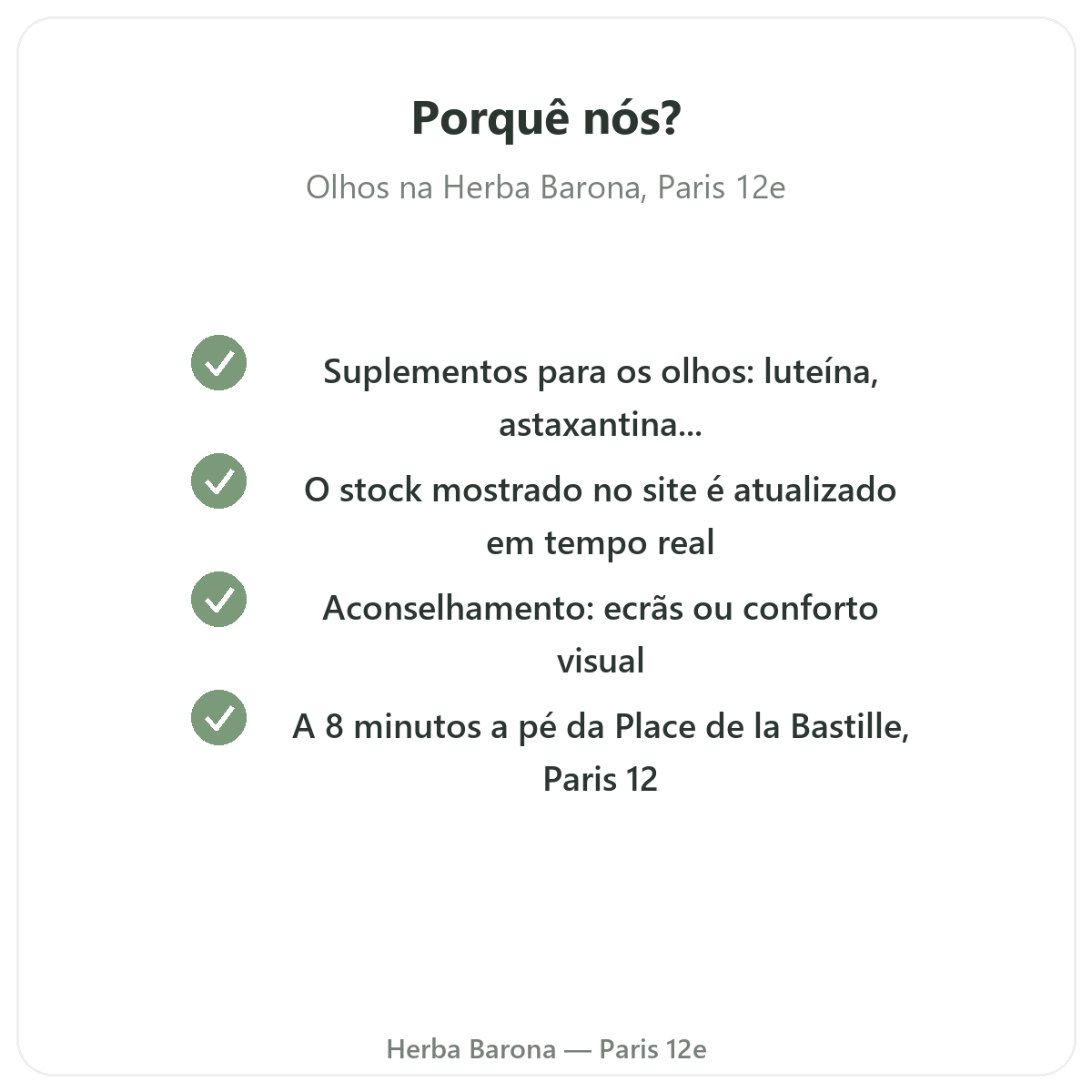 Porquê comprar Olhos, conforto visual em Paris na Herba Barona Paris 12e