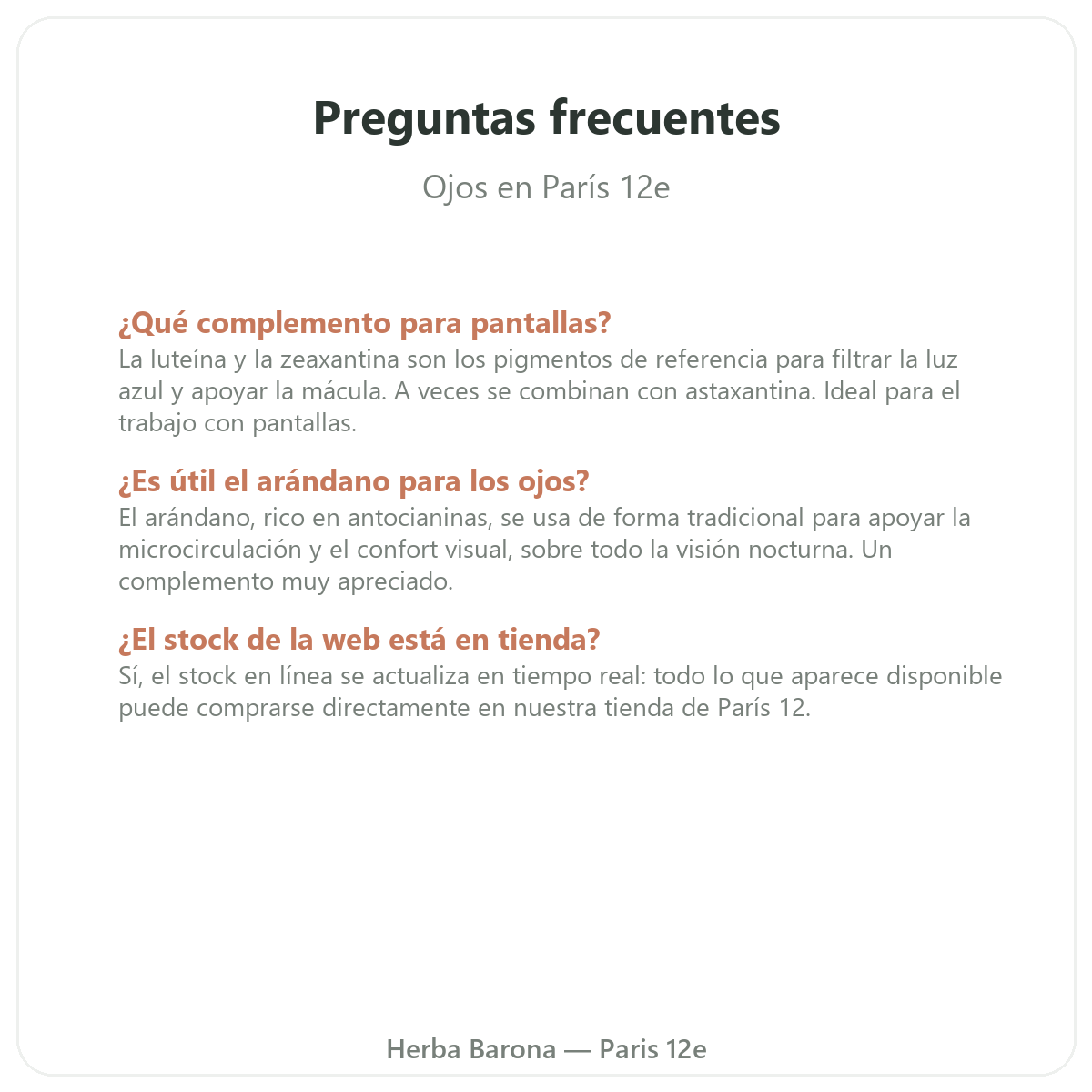 Preguntas frecuentes sobre ojos y confort visual en París - Herba Barona París 12e