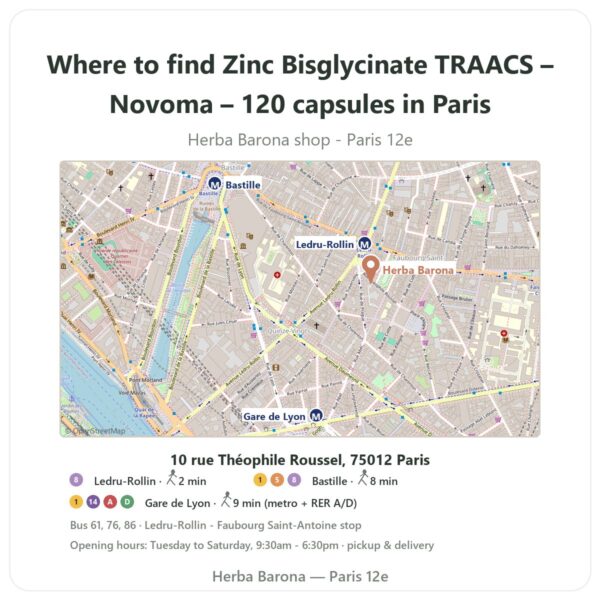 Where to find Zinc Bisglycinate TRAACS – Novoma – 120 capsules in Paris - store map Herba Barona Paris 12e