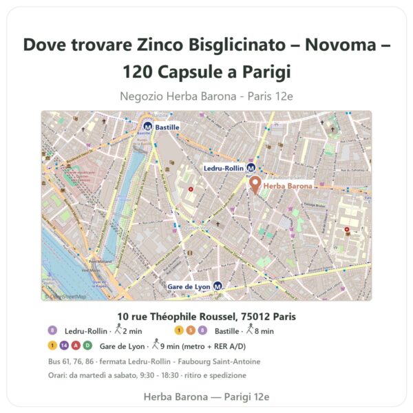 Dove trovare Zinco Bisglicinato – Novoma – 120 Capsule a Parigi - mappa del negozio Herba Barona Paris 12e