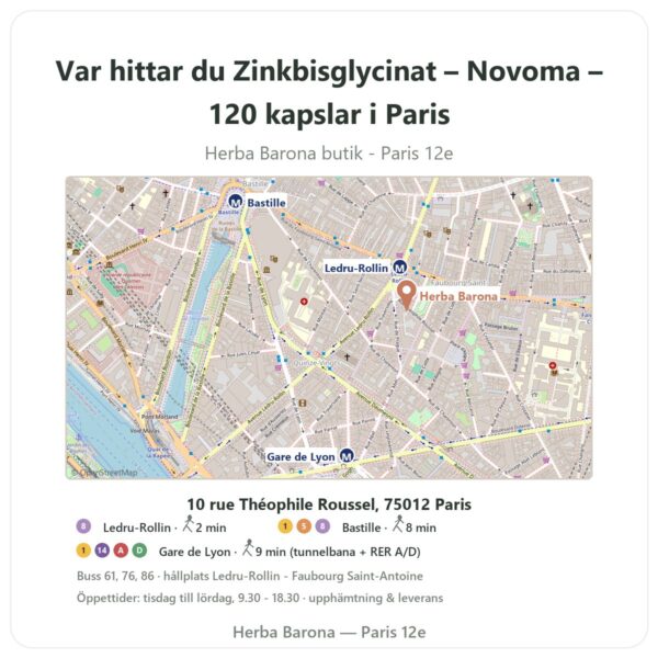 Var hittar du Zinkbisglycinat – Novoma – 120 kapslar i Paris - butikskarta Herba Barona Paris 12e
