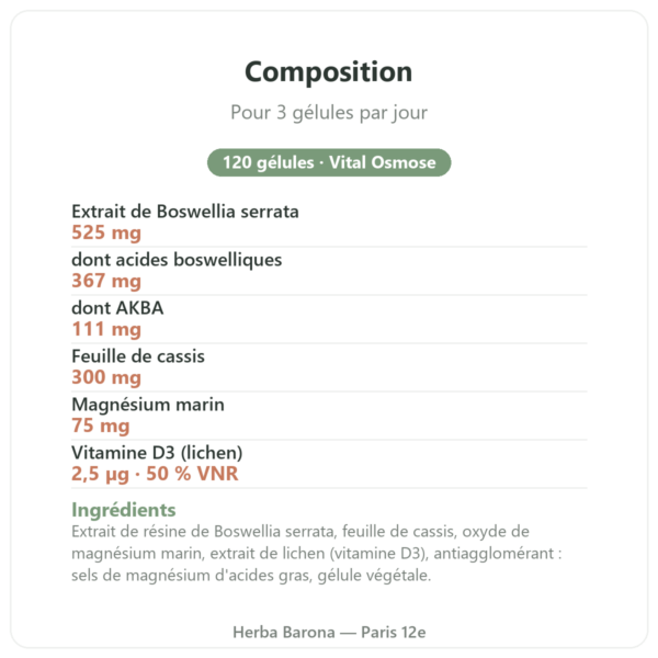 AKBA30 Boswellia serrata Vital Osmose 120 gélules composition valeurs nutritionnelles Paris Herba Barona