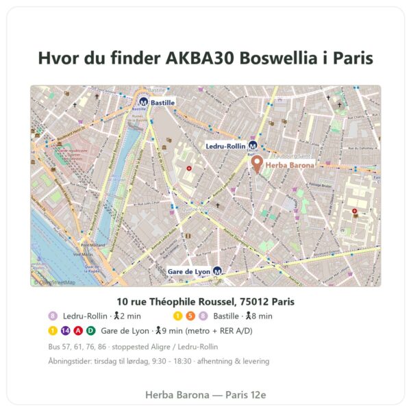 Hvor man finder AKBA30 Boswellia serrata 30 % AKBA – Vital Osmose – 120 kapsler - Herba Barona Paris