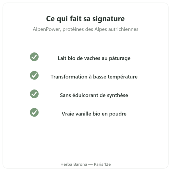BIO Whey Protein Vanille 1 kg AlpenPower qualité Paris Herba Barona