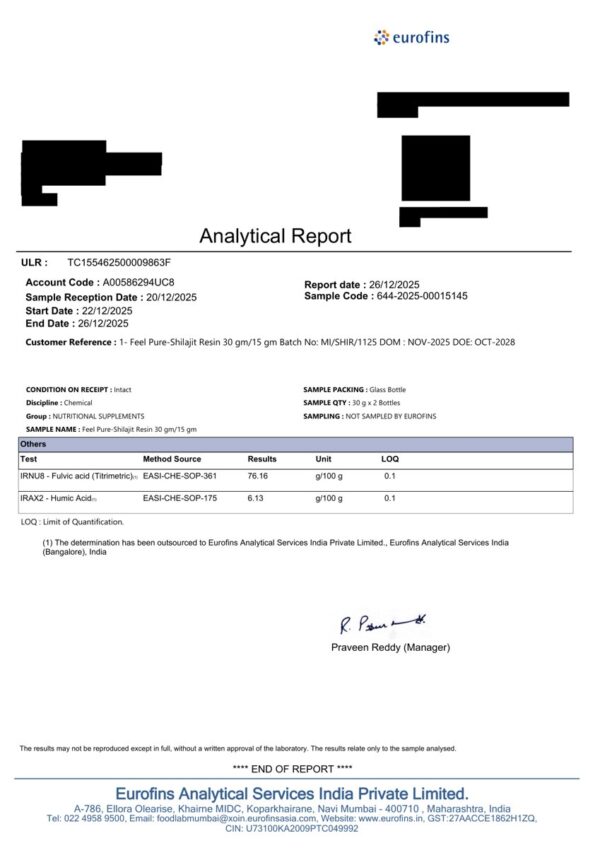 Rapport Eurofins acide fulvique 76,16 % Shilajit résine Feel Pure lot MI/SHIR/1125 Paris Herba Barona