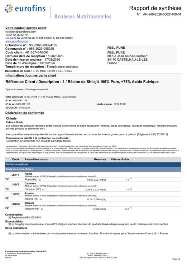 Rapport Eurofins France métaux lourds Shilajit résine Feel Pure lot MI/SHIR/1125 Paris Herba Barona
