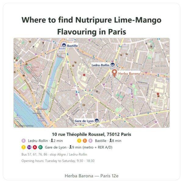 Where to find Nutripure natural lime-mango flavouring 50 g - Herba Barona Paris