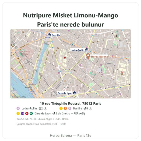 Nerede bulunur Nutripure doğal misket limonu-mango aroması 50 g - Herba Barona Paris