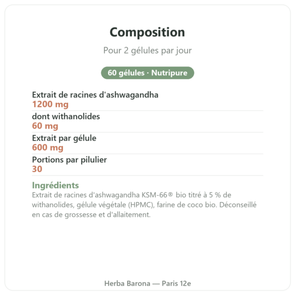 Ashwagandha KSM-66 bio Nutripure 60 gélules composition Paris Herba Barona