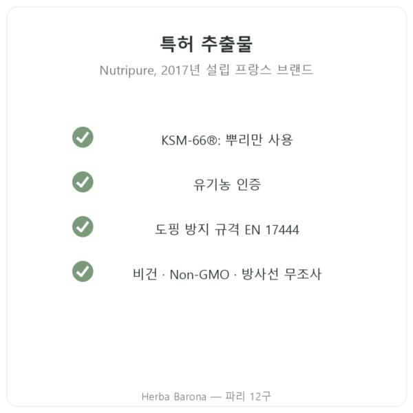 유기농 아쉬와간다 KSM-66® Nutripure 60캡슐 품질 Paris Herba Barona