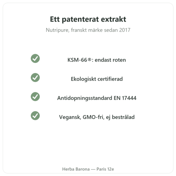 Ashwagandha KSM-66® ekologisk Nutripure 60 kapslar kvalitet Paris Herba Barona