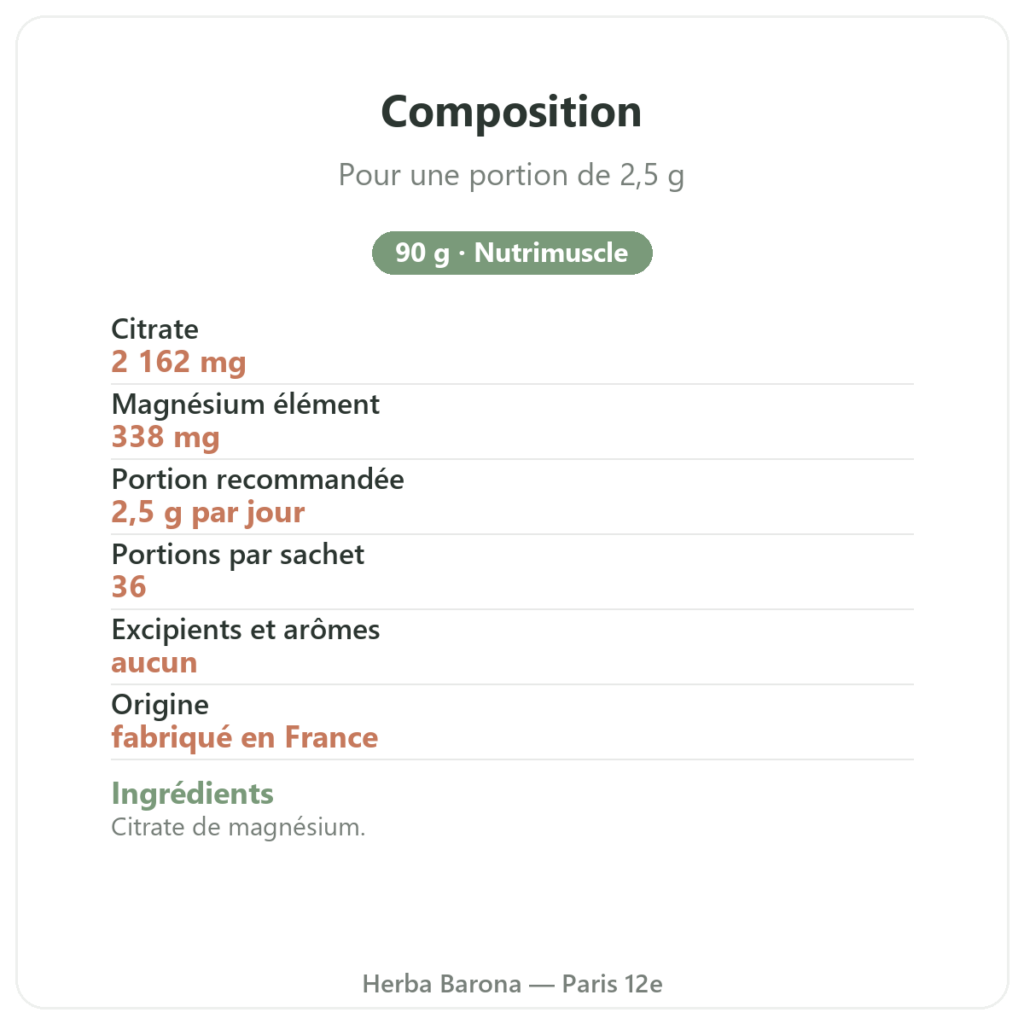 Citrate de Magnésium en poudre Nutrimuscle 90 g composition valeurs nutritionnelles Paris Herba Barona