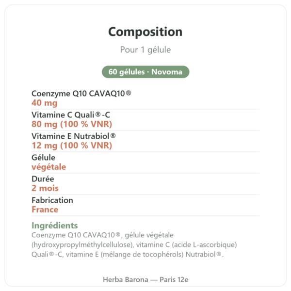 Coenzyme Q10 Novoma 60 gélules composition Paris Herba Barona