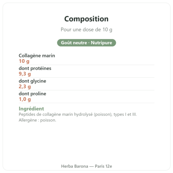 Collagène marin Naticol Nutripure goût neutre composition valeurs nutritionnelles Paris Herba Barona