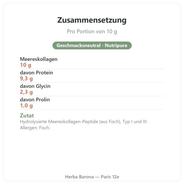 Nutripure Naticol Meereskollagen, geschmacksneutral Zusammensetzung und Nährwerte Paris Herba Barona
