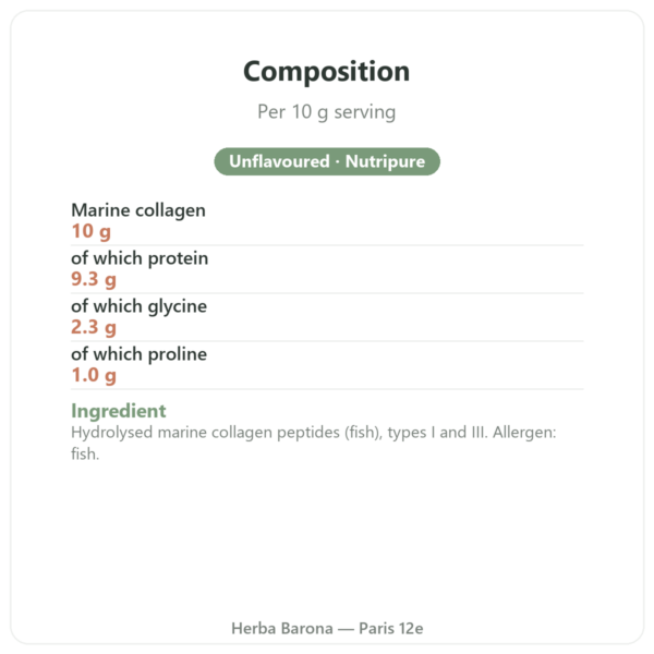 Nutripure Naticol marine collagen, unflavoured composition and nutrition facts Paris Herba Barona
