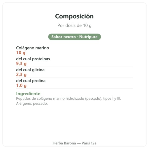 Colágeno marino Naticol Nutripure, sabor neutro composición y valores nutricionales Paris Herba Barona