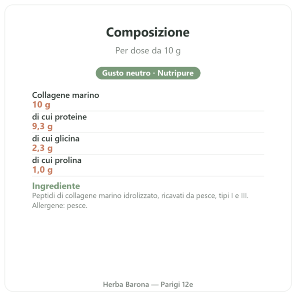 Collagene marino Naticol Nutripure, gusto neutro composizione e valori nutrizionali Paris Herba Barona