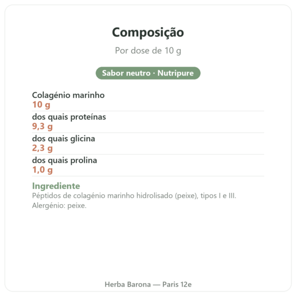 Colagénio marinho Naticol Nutripure sabor neutro composição e informação nutricional Paris Herba Barona