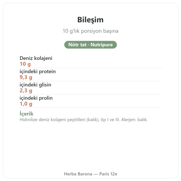 Nutripure Naticol deniz kolajeni, nötr tat bileşim ve besin değerleri Paris Herba Barona