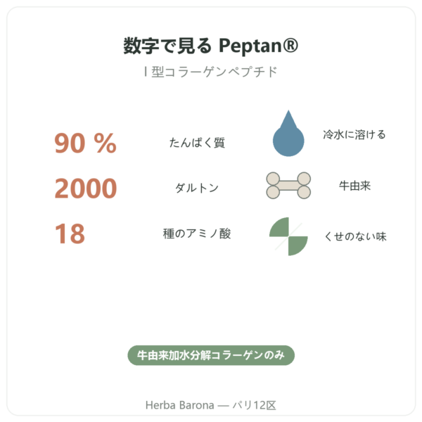 Nutripure Peptan® コラーゲンペプチド 無香料 310 g 特徴と主な数値 Paris Herba Barona