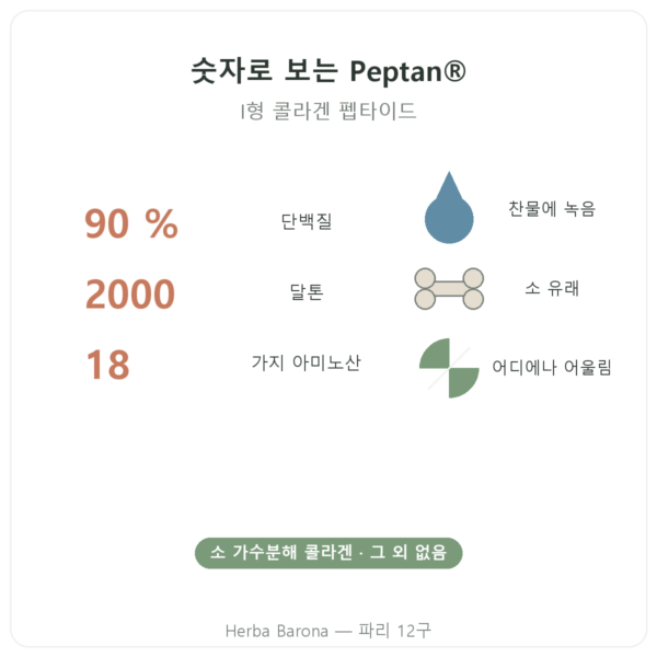 Nutripure Peptan® 콜라겐 펩타이드 무향 310 g 특징과 주요 수치 Paris Herba Barona