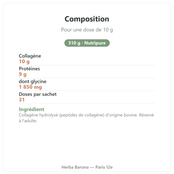 Collagène peptide Peptan Nutripure neutre 310 g composition valeurs nutritionnelles Paris Herba Barona