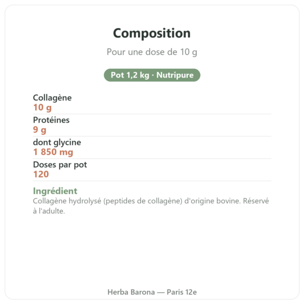Collagène peptide Peptan Nutripure neutre pot 1,2 kg composition valeurs nutritionnelles Paris Herba Barona