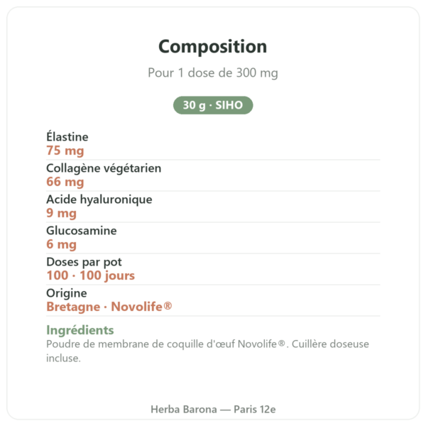Collagène végétarien poudre 30 g SIHO composition Paris Herba Barona