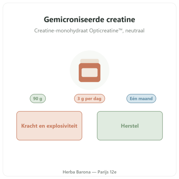 Gemicroniseerde creatine Opticreatine 90 g – Nutrimuscle presentatie Paris Herba Barona