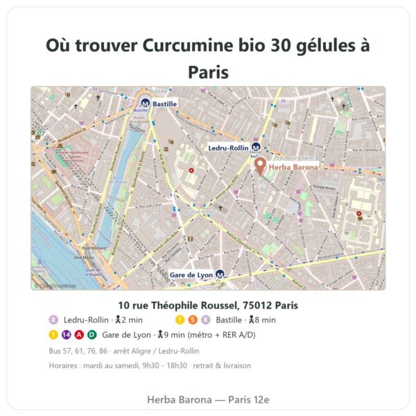 Ou trouver Curcumine Bio Optimisée Dynveo 30 gélules a Paris - plan boutique Herba Barona Paris 12e
