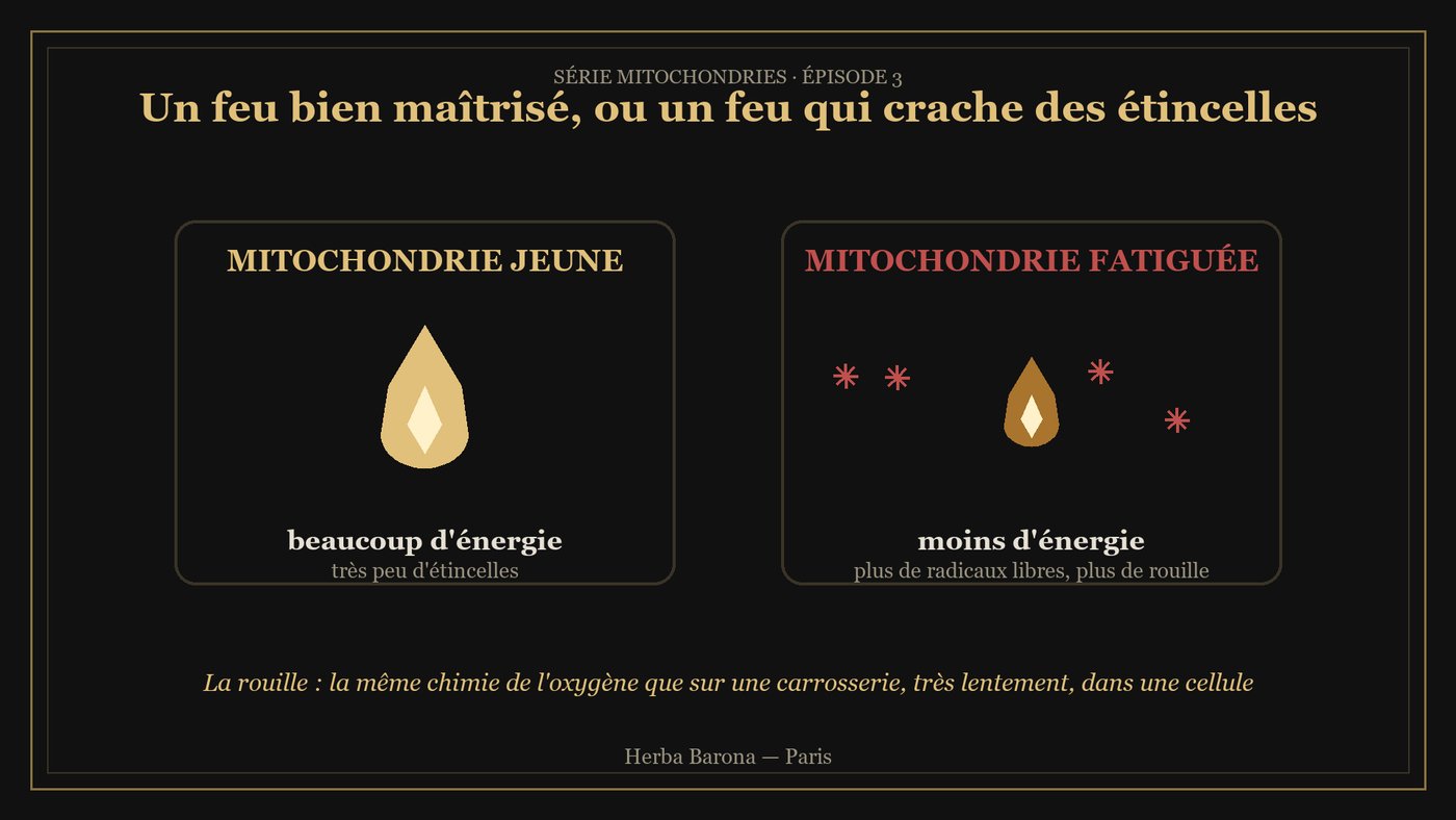 Schéma : mitochondrie jeune, beaucoup d'énergie et peu d'étincelles, contre mitochondrie fatiguée qui produit des radicaux libres