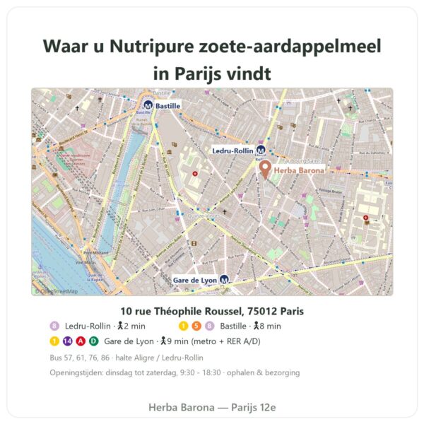 Waar te vinden Biologisch zoete-aardappelmeel Nutripure – 750 g - Herba Barona Paris