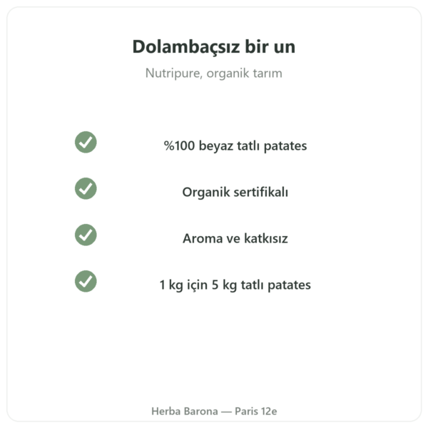 Organik tatlı patates unu Nutripure – 750 g kalite Paris Herba Barona